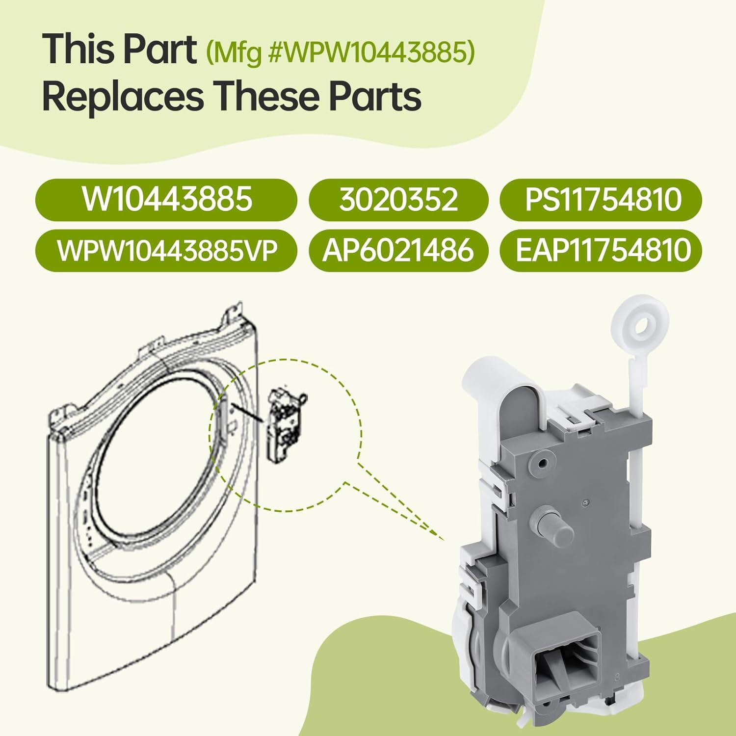 WPW10443885 Washer Door Lock Latch compatible with Whirlpool Maytag Amana Crosley, Replaces W10443885 AP6021486