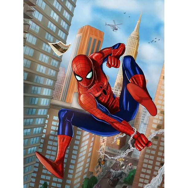 Traje de pintura para niños, dibujos animados de Flying Spider, pintura digital, lienzo artesanal de diamante redondo con taladro completo, utilizado para decoración de paredes del hogar, 12x16 pulga