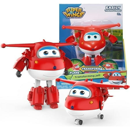 Super Wings Toys, Jett Transformer Toys 5 Inch, Airplane Toy for Kids 3-5 Years Old, Transforming from Toy Jet to Robot, Real Mobile Wheels, Birthday Party Supplies for Preschool Boys and Girls Red