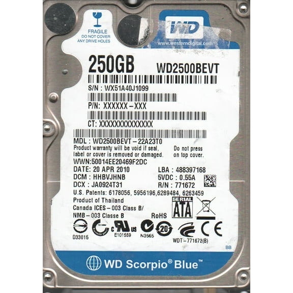WD2500BEVT-22A23T0, DCM HHBVJHNB, Western Digital 250GB SATA 2.5 Hard Drive