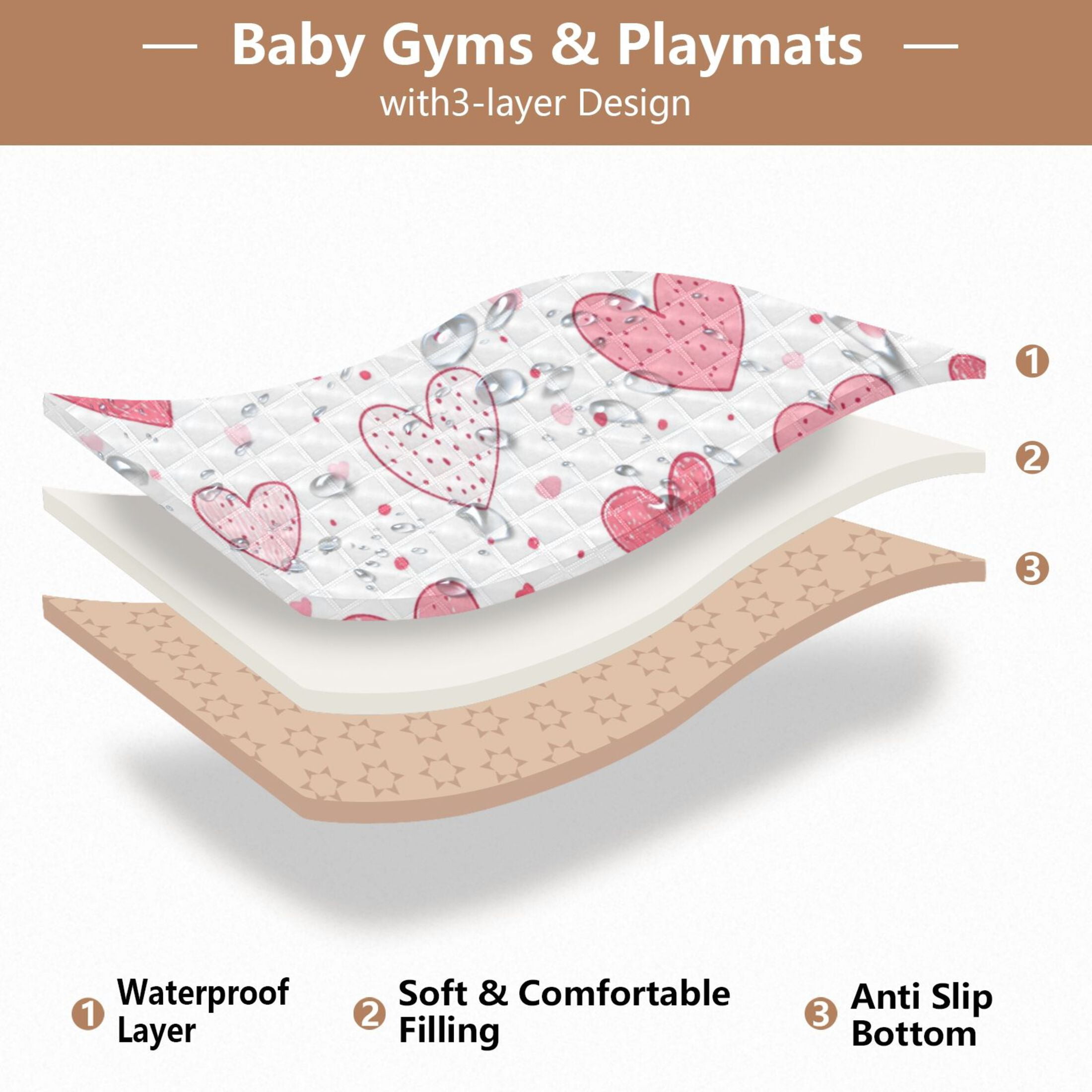 WOBOGO Valentine Day Pink Hearts Pattern Baby Playmats Extra Large Waterproof Rollable Activity Pads for Toddlers 50×50inch