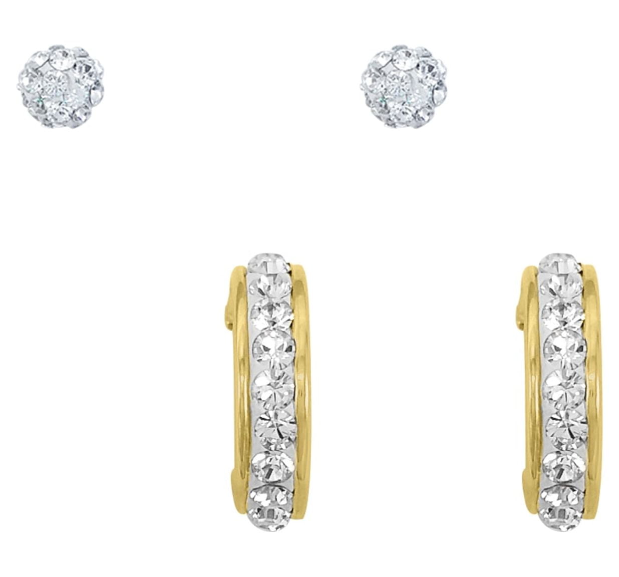 Brilliance Fine Jewelry 14K Gold Plated Sterling Silver Crystal Studs and Hoop Children’s Earrings Set