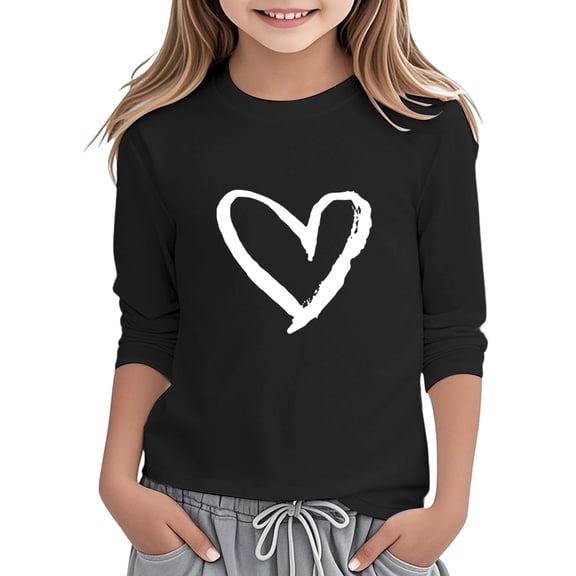 WOYY Toddler Girls Graphic Tee Heart Print 3/4 Sleeve T-Shirt Casual Soft Top, Sizes 3-13