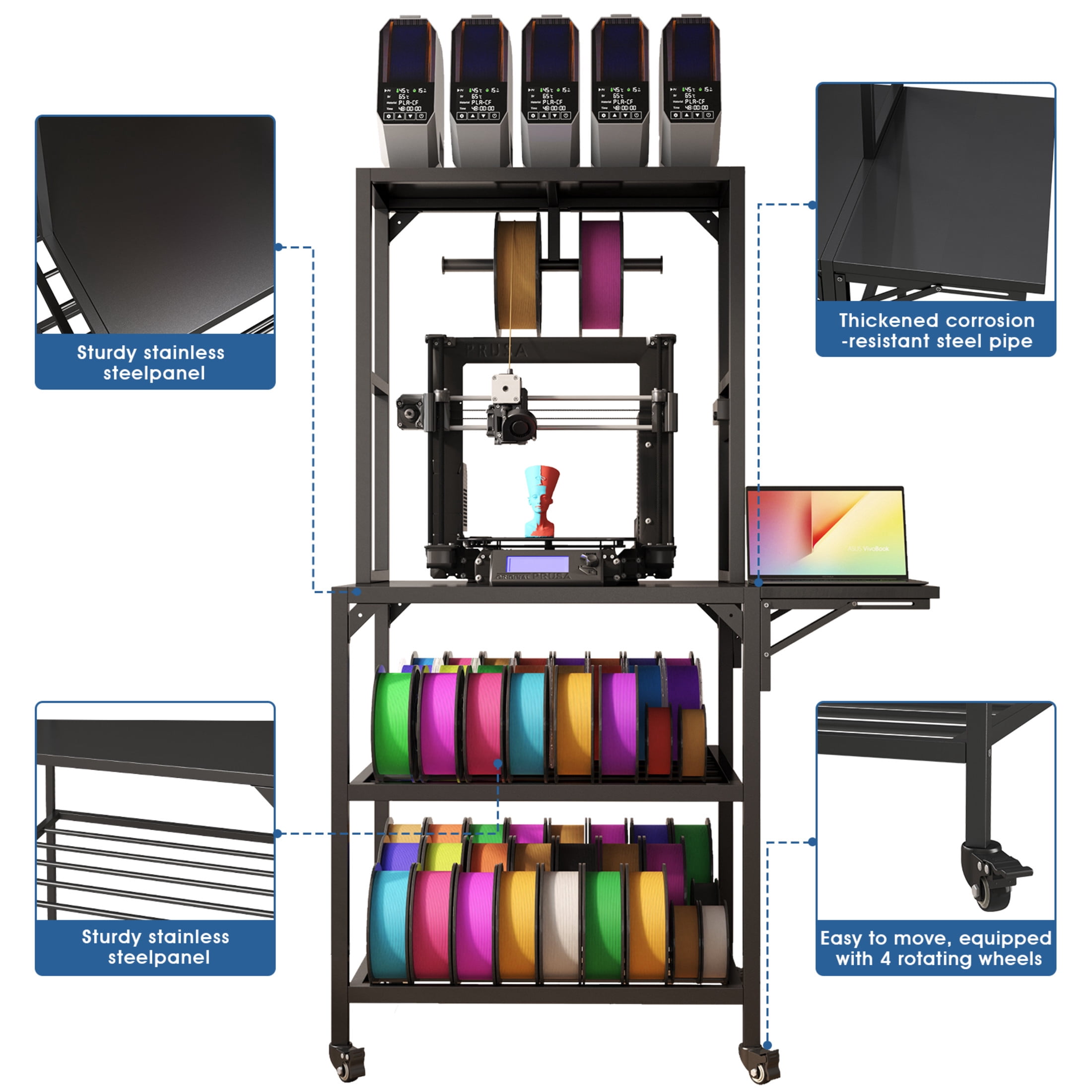 Noble House 3D Printer Table Stand with Filament Storage Rack, Metal Workstation with T-Spool Holder & Wheels, Black