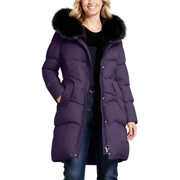 Nfurl Plus Size Long Winter Coats for Women Thermal Long Sleeve Zip up Quilted Puffer Jackets Warm Outerwear Coats Winter Parka Overcoats Purple XXL