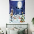 thumbnail image 4 of Christmas Tapestry, Winter Season Snowman Xmas Tree Santa Sleigh Moon Present Boxes Snow and Stars, Wall Hanging for Bedroom Living Room Dorm Decor, 60W X 80L Inches, Blue White, by Ambesonne, 4 of 5