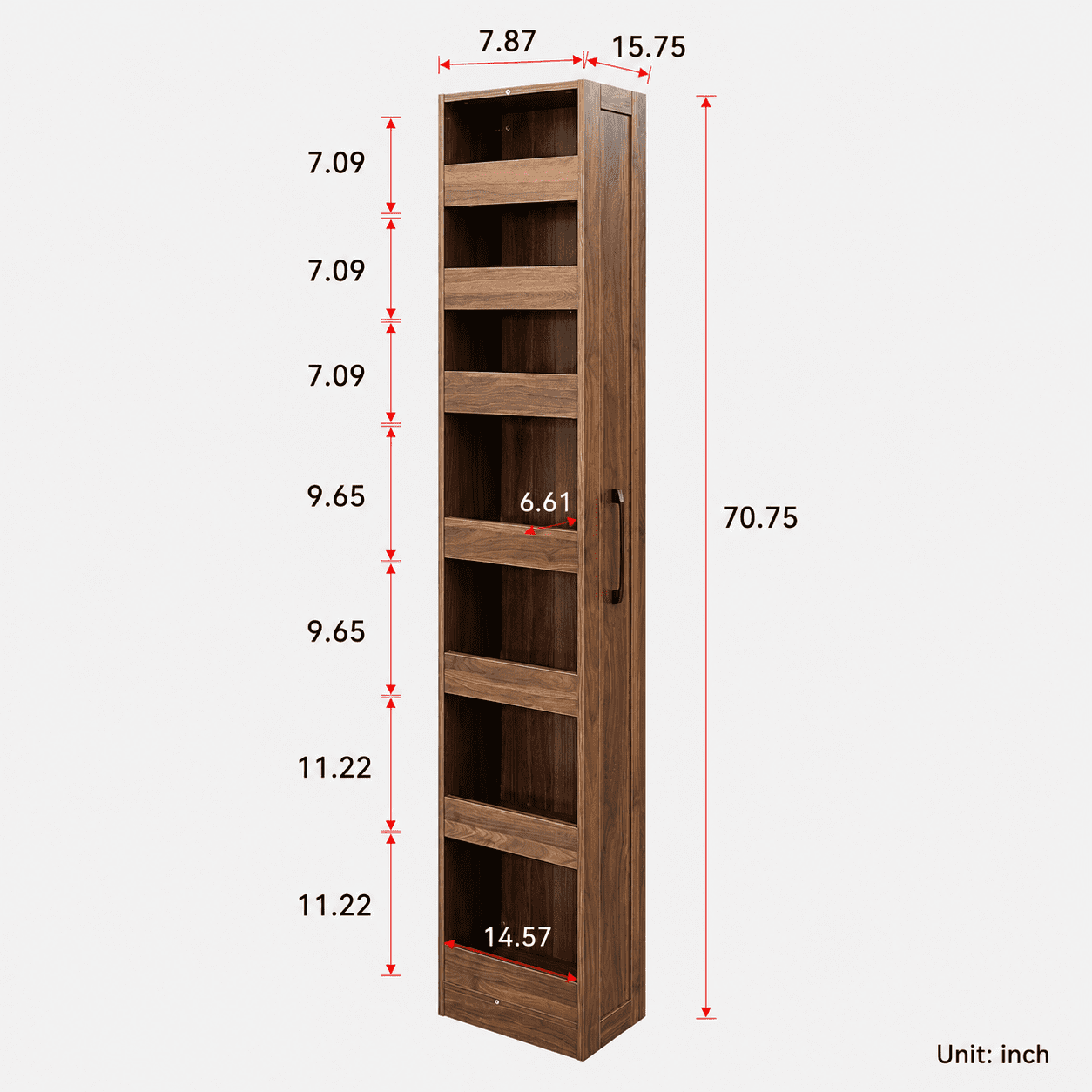 Aukfa 7-Tier Slim Rolling Pantry Cabinet, 68.3" Narrow Pull-Out Kitchen Storage Cart with Handle and Casters,Walnut