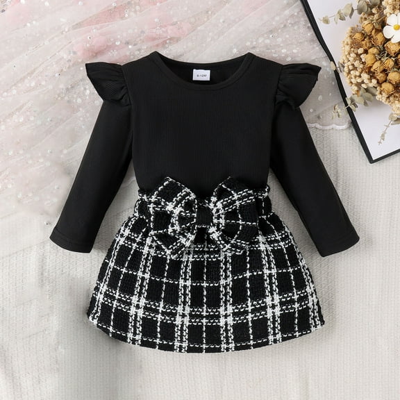 Children Clothes Round Neck Long Sleeve Ruffle Top Bow Plaid Skirt Set (Suitable From 6 Months To 3 Years) Black 6M