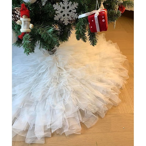 60 Inch Fluffy Tulle Christmas Tree Skirt Vintage and Elegant Design Perfect for Christmas Tree Decorations White