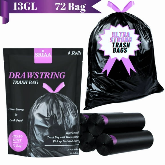 SRIAA 13 Gallon Black Trash Bags with Drawstring - 4 Rolls 72 Bags - Ultra-Strong & Leak-Proof -  24x28Inches