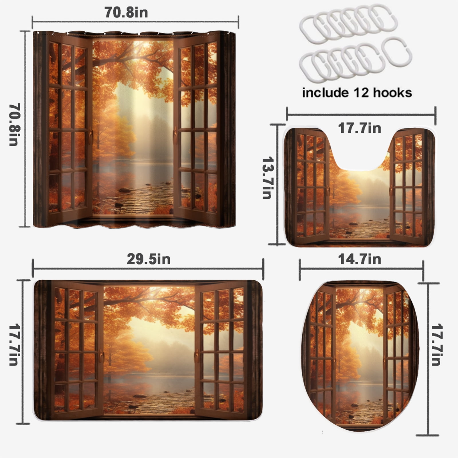 Autumn 4 Pcs Shower Curtain Set Maple Leaf Natural Landscape Vintage Window with 12 Hooks, Bath Mat Set Bathroom Decor by Durable Waterproof Fabric, 72x72 Inch