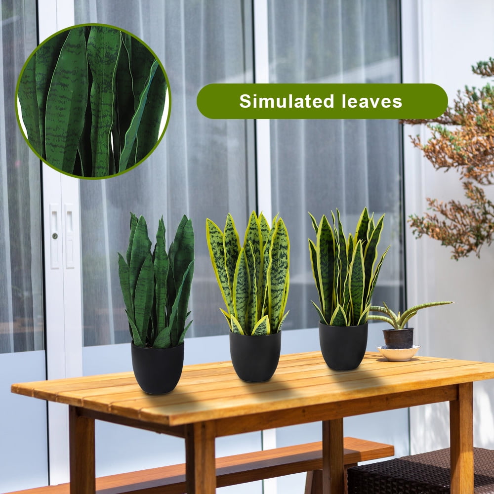 Set of 3 Realistic Artificial Potted Plant Faux Sansevieria Gold Edge Snake Plant Long Green Leaf Indoor Outdoor Decorative Ornament