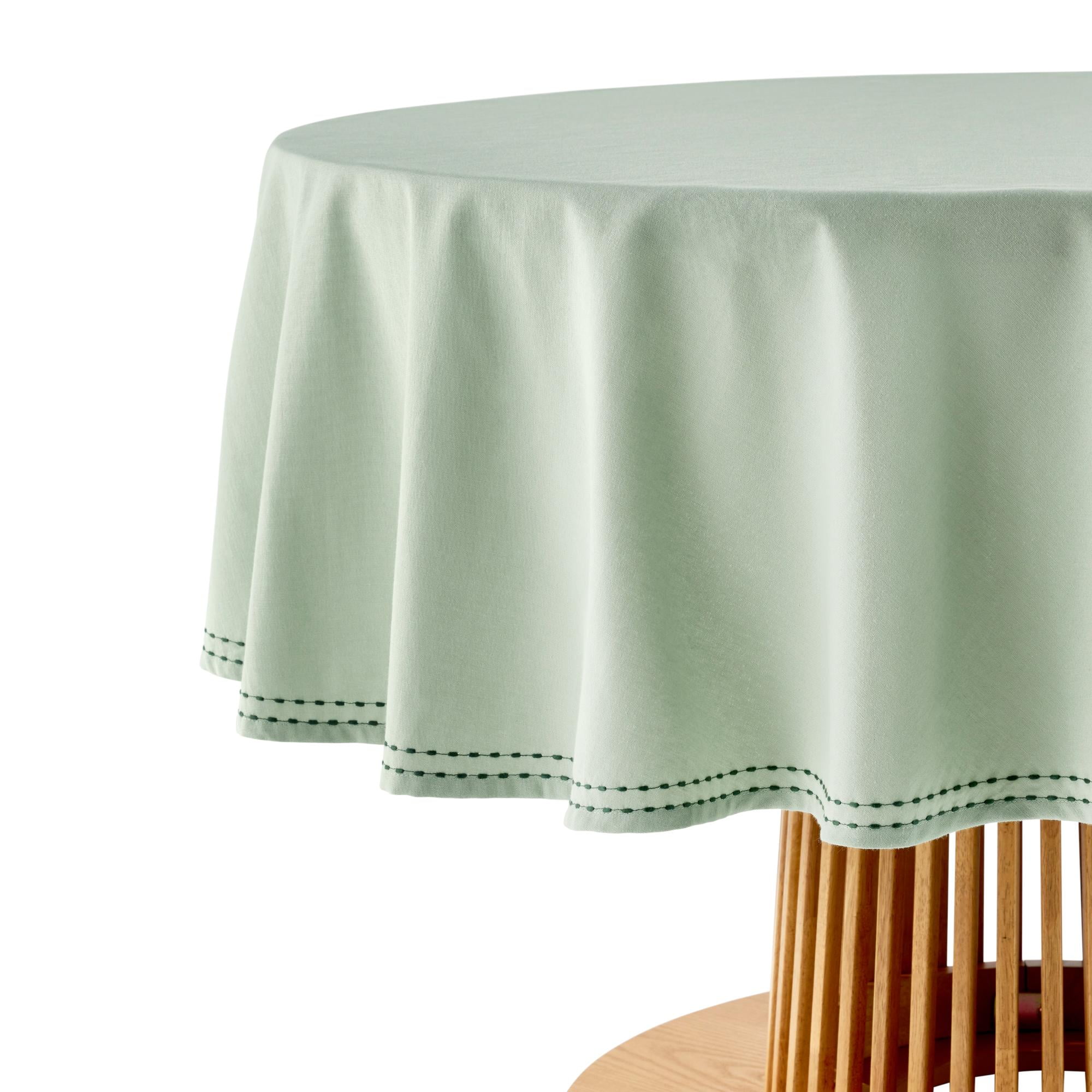 Beautiful by Drew Barrymore Solid Fabric Tablecloth with Double Pop Stitch Hem, Sage Green, 70 in Round