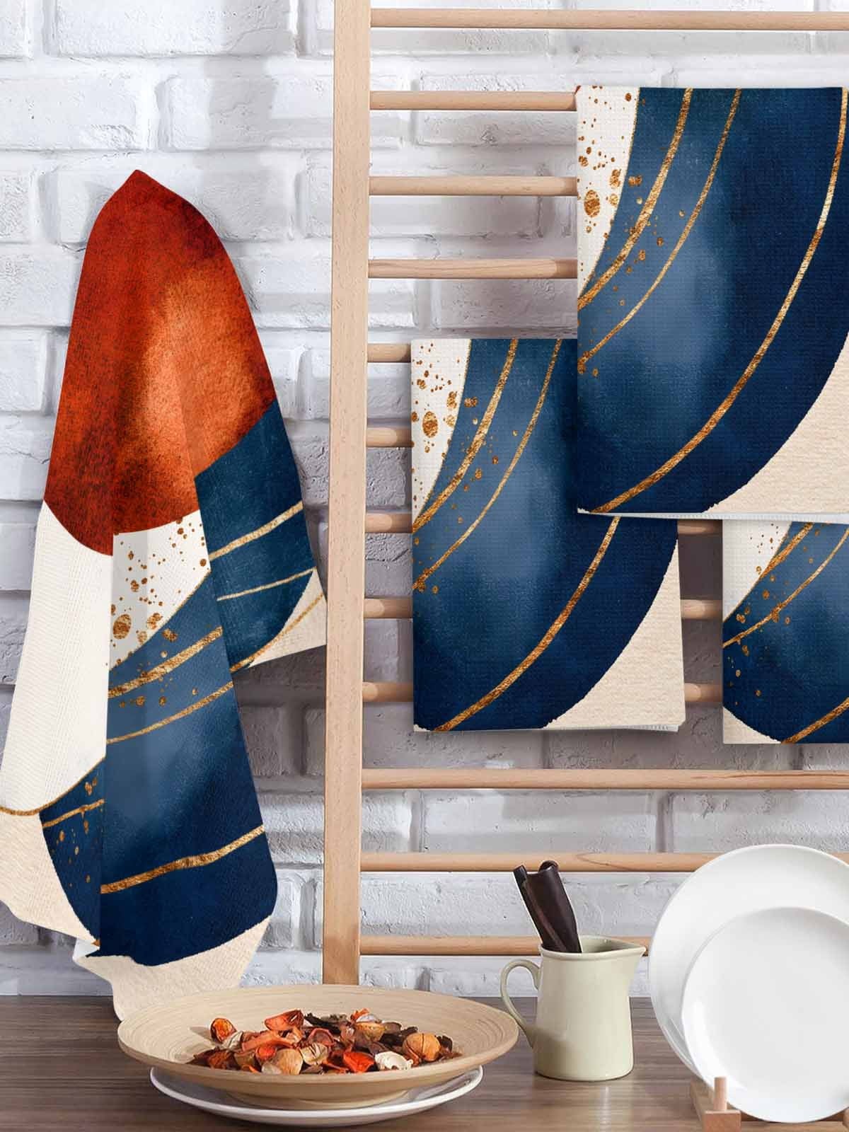 Navy Blue Burnt Orange Kitchen Dish Towels for Drying Dishes Set of 3, Modern Boho Art Geometric Waffle Weave Microfiber Hand Tea Bathroom Towels Quick Dry & Absorbent Towel 15.7x23.6