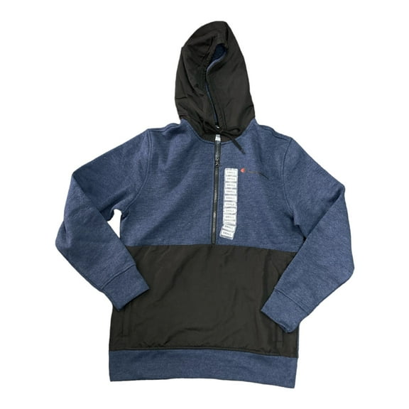 Champion Men's Fleece Woven-Mix Half Zip Two Tone Hoodie (Navy Heather, XL)
