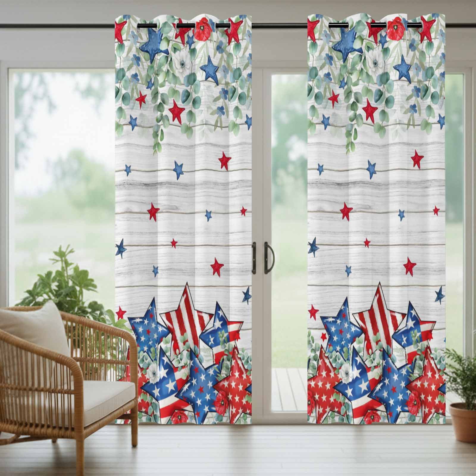Independence Day Star Outdoor Curtains for Patio, Farm Red Blue White Star Green Leaf Flower Wood Grain Sunshade Privacy Drapes Grommet Waterproof Outside Curtains for Porch Balcony 54"x108", 1 Panel