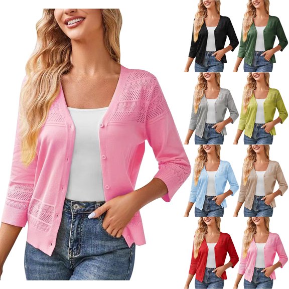 Admvng Womens Cardigan Hollow Eyelet 3/4 Sleeve V Neck Knit Button Down Lightweight Crochet Layering Sweater Jacket