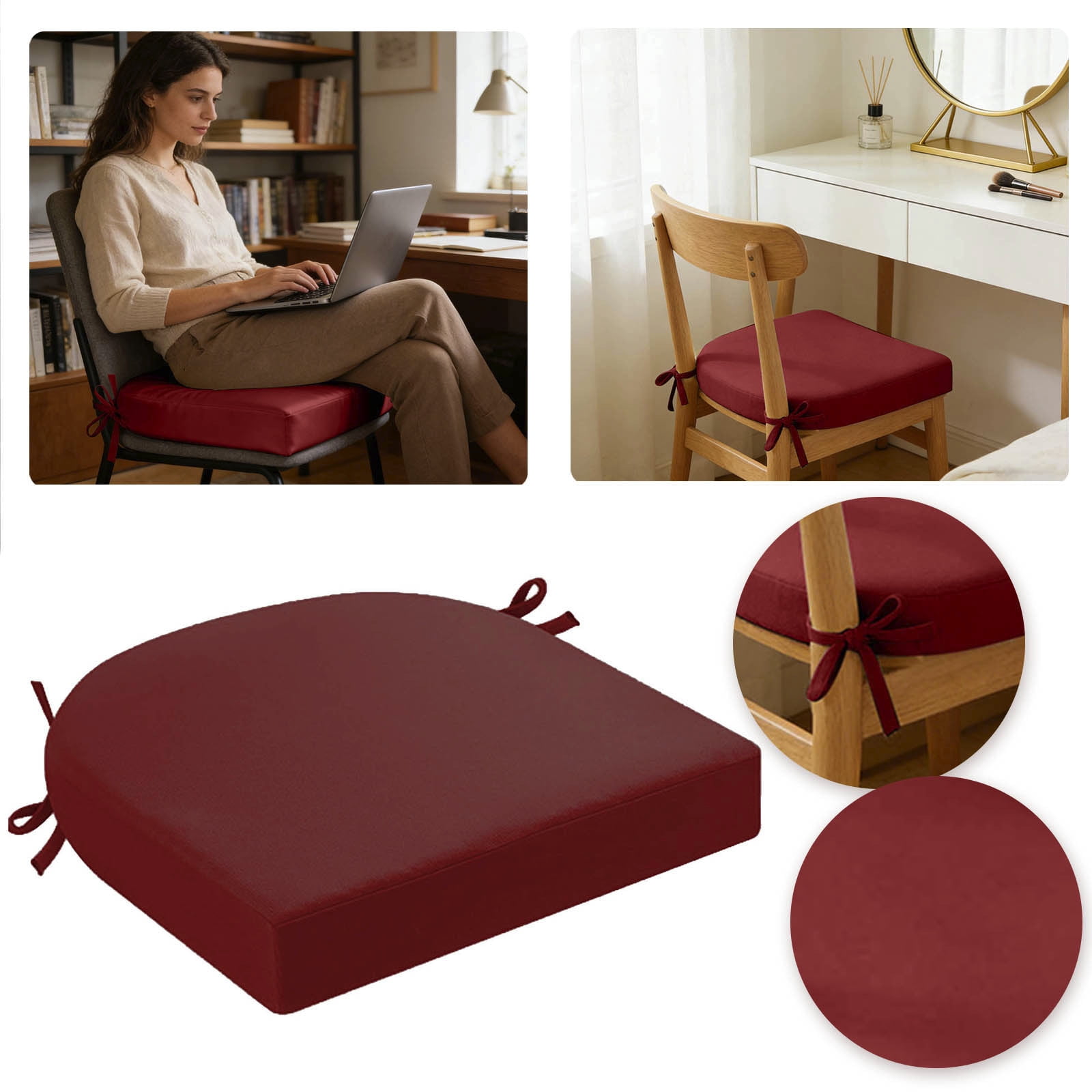 Indoor Outdoor Chair Cushion - 16.9 x 15.7 Inch Thick Seat Pad with Adjustable Ties for Dining Chairs, Patio Furniture, and Garden Chairs - Foam Comfort Seat Cushion for Home and Garden (Burgundy)
