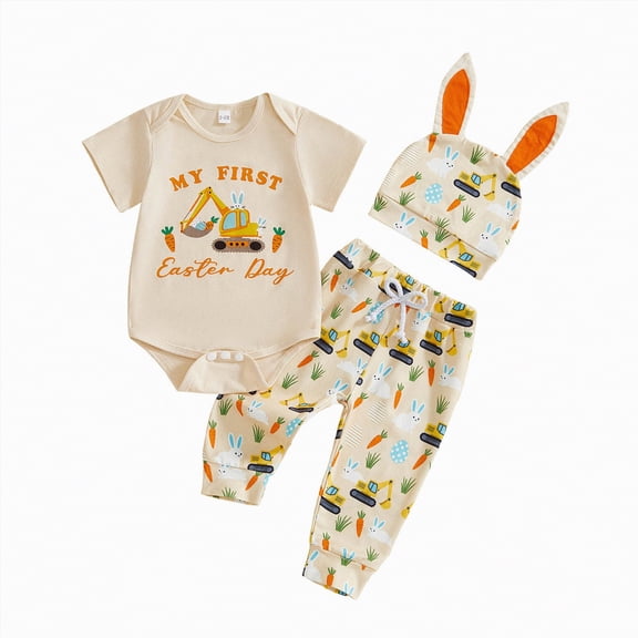 UngA My First Easter Baby Boy Outfit Excavator Bunny Short Sleeve Romper Pants Hat Infant Onesie Newborn Spring Summer Clothes (Beige,12-18 Months)