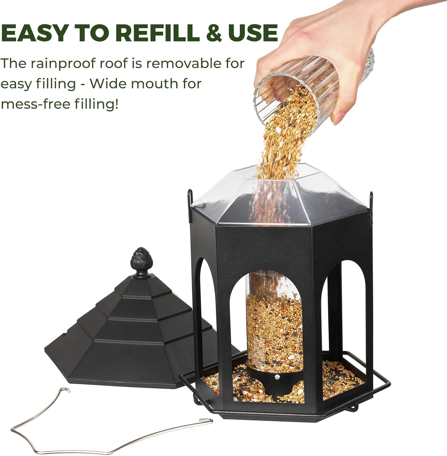 Kingsyard Metal Bird Feeder for Outdoors Hanging, 3 lbs Seed Feeder, Wild Feeders Garden Cardinal Finch Bluebird, Easy to Fill & Clean, Black