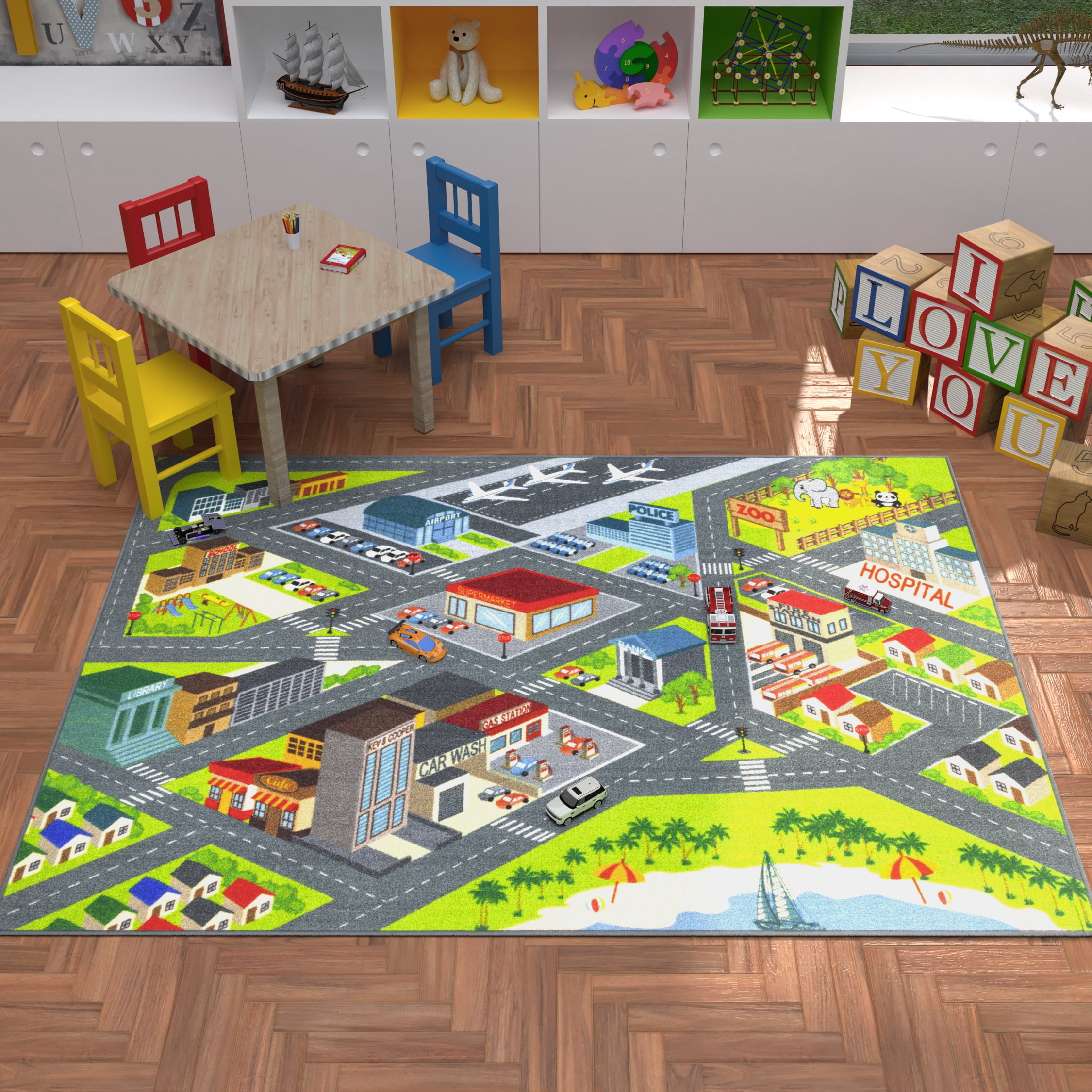 KC Cubs Playtime Collection Multicolored Polypropylene Road Map Educational Area Rug - 5'0" x 6'6"