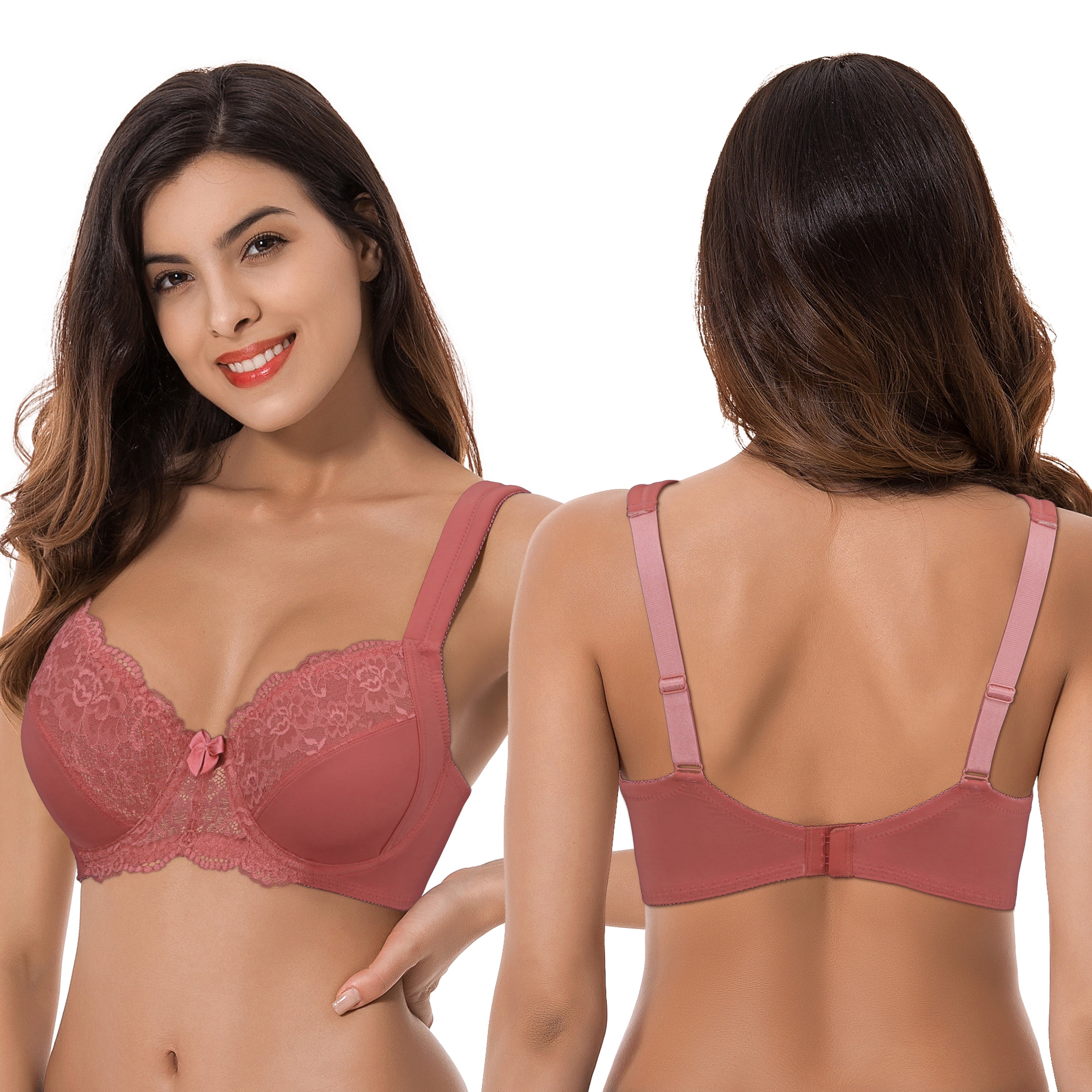 Curve Muse Women's Plus Size Unlined Underwire Lace Bra with Cushion Straps-Rose,Black- Size:42D
