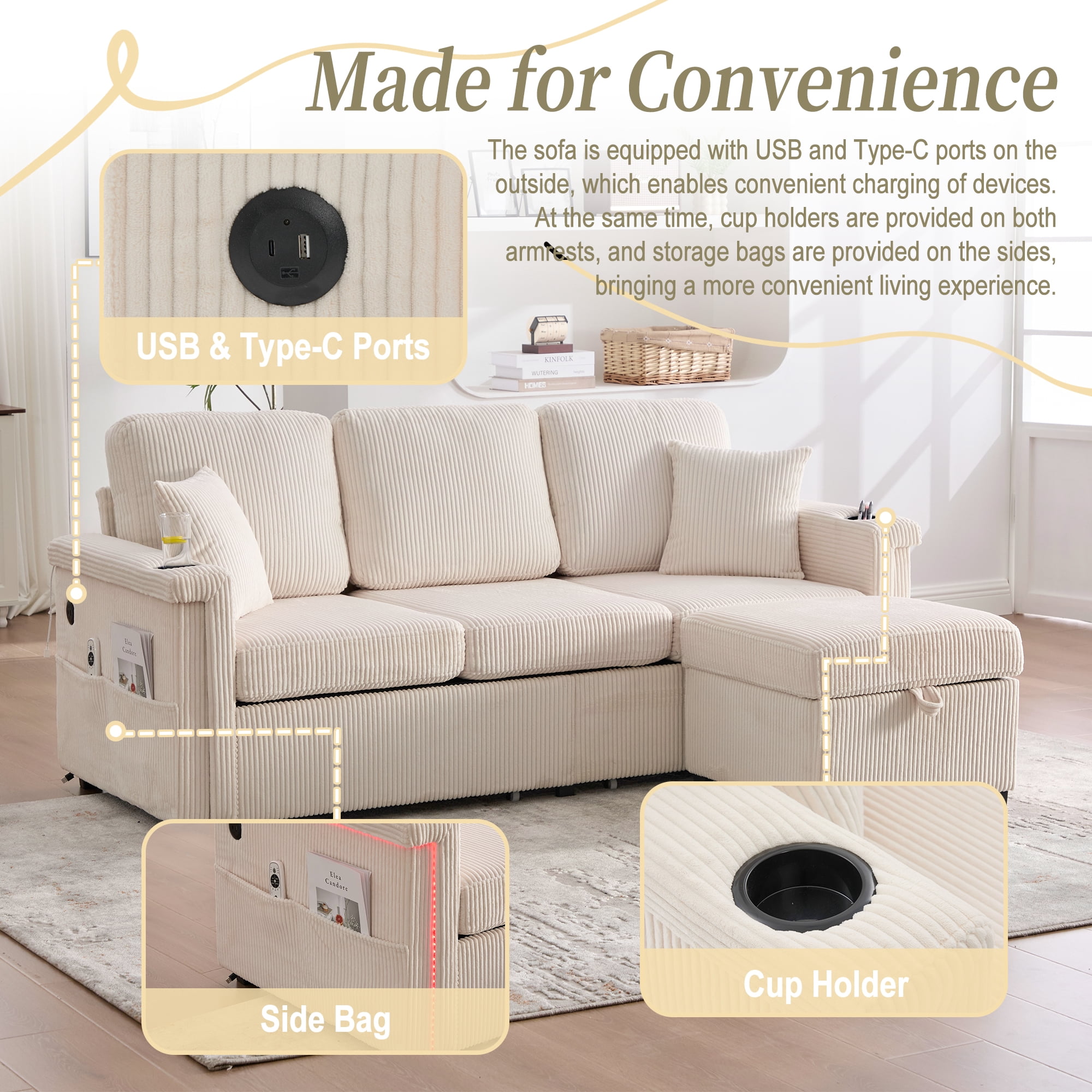 MOONMISS Corduroy Upholstered L-shaped Pull-Out Storage Sectional Sofa with Storage Ottoman,USB Charging,Cup Holder-Beige