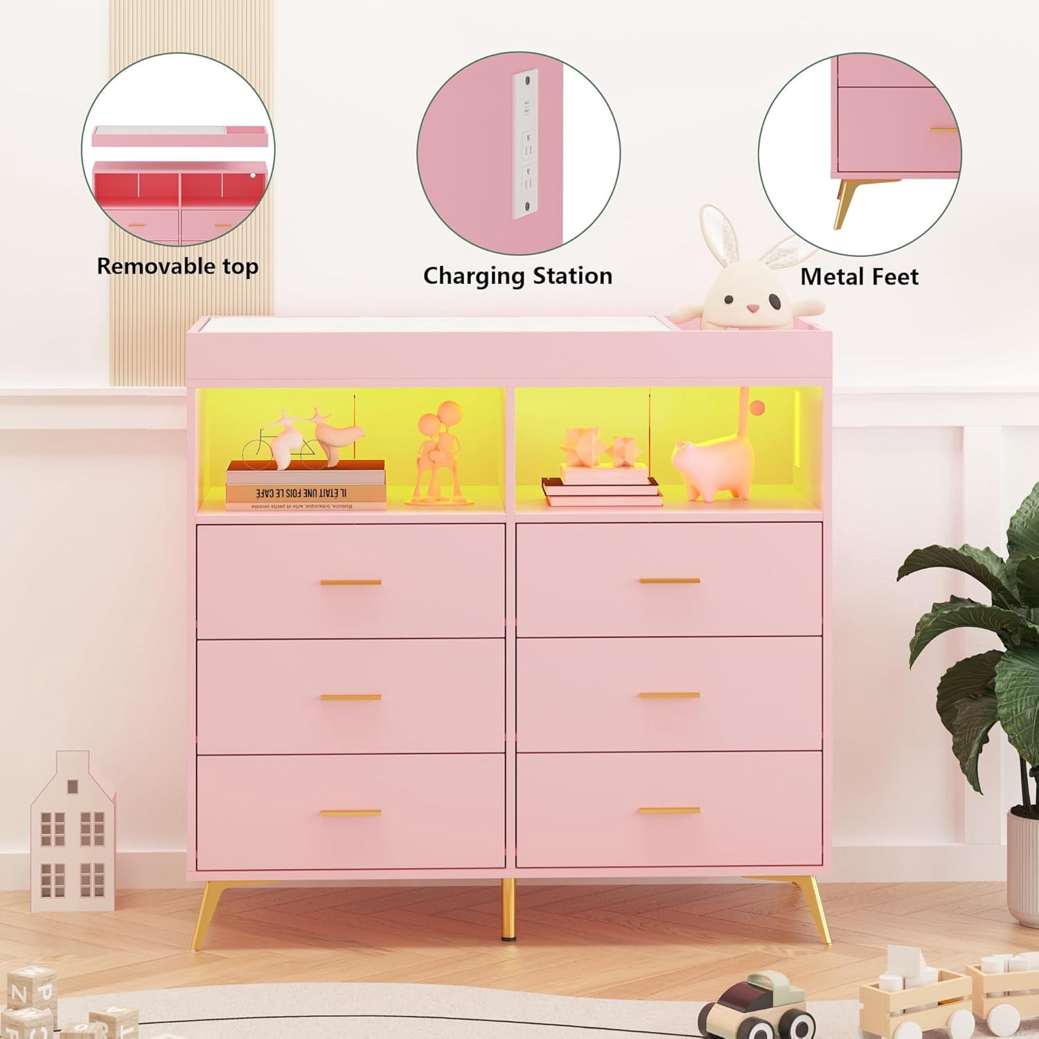 Dresser for Bedroom with 6 Drawers, Baby Changing Table Dresser with Changing Pad, LED Lights & Charging Station, Baby Changing Station with Changing Table Top
