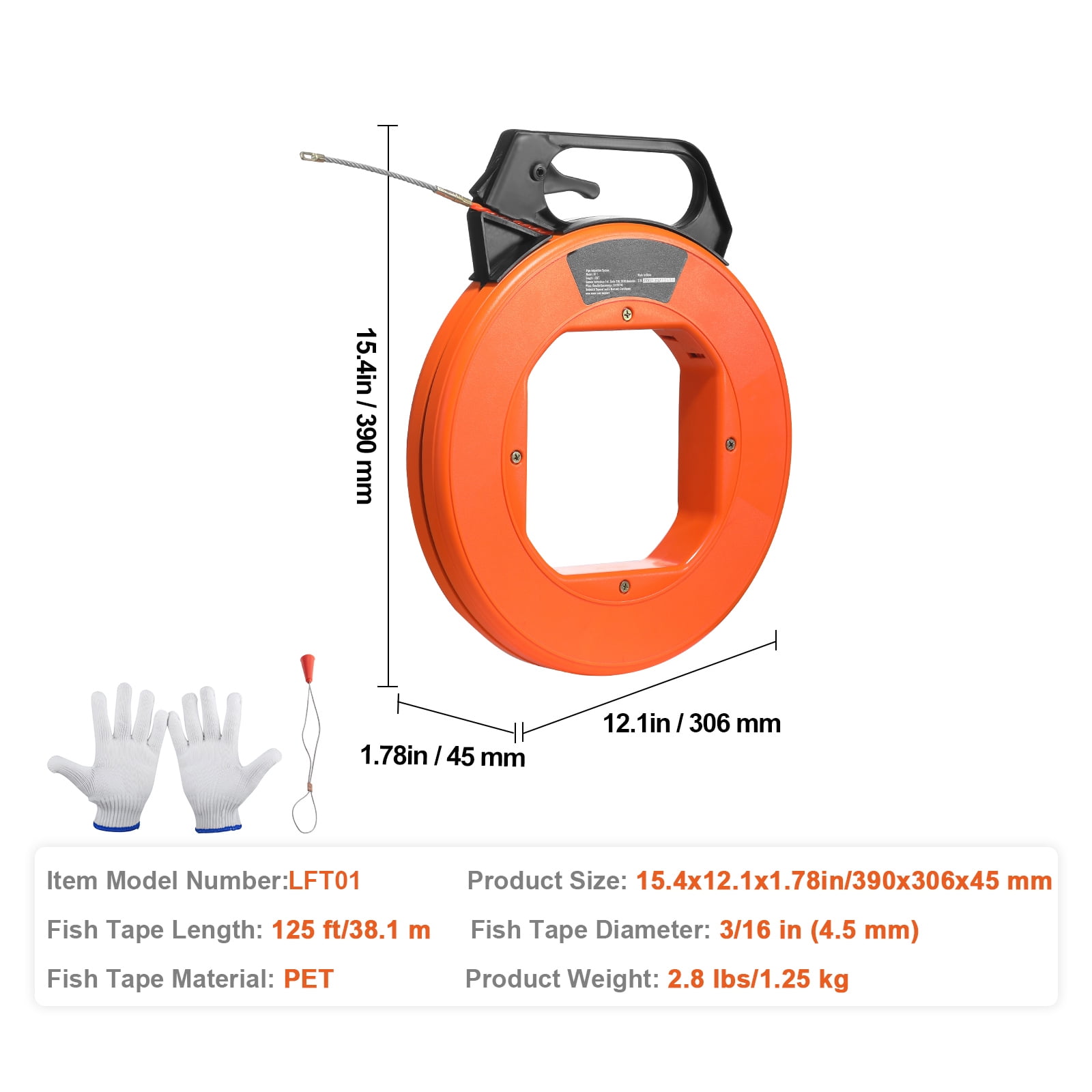 KFFKFF 125 ft PET Wire Puller, 3/16-Inch Cable Fishing Tool with Enhanced Housing and Handle, Convenient Wire Pulling Solution for Walls and Electrical Conduits, Non-Conductive Design