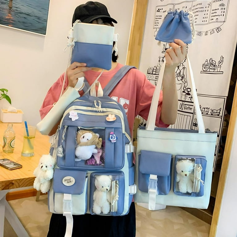 Kawaii Backpack 5Pcs Set Aesthetic Backpack 17in Preppy Backpacks with Badge Pendant Shoulder Bag Pencil Box Tote Bag Lucky Bag Blue Walmart