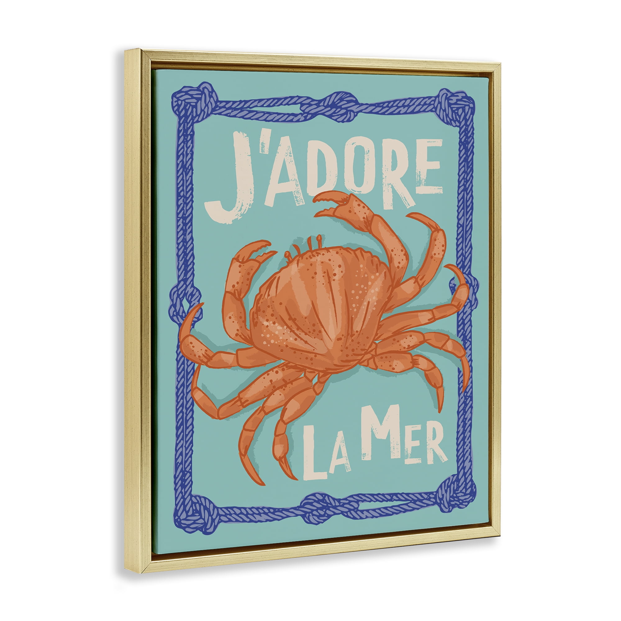 Stupell Industries J'adore La Mer Crab Animals Painting Gold Floater Framed Canvas Art Print Wall Art, 25 x 31
