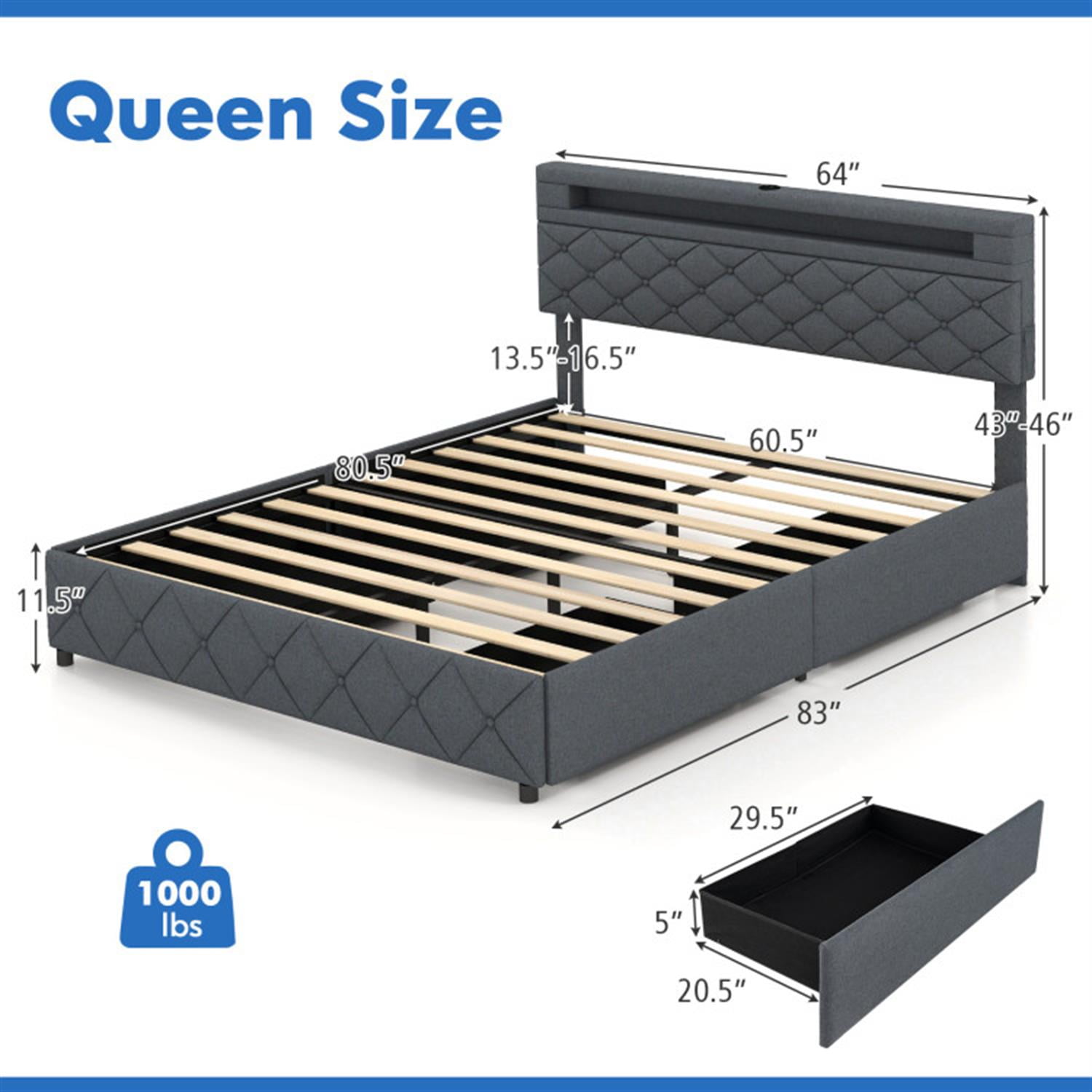 Demi Bonn Queen Size Bed Frame with Adjustable Storage Headboard and Wooden Slat Support, Platform Bed Frame with 4 Storage Drawers, No Box Spring Needed, Gray