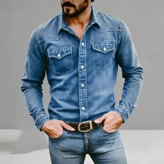 Fwqbns Men's Western Button Down Long Sleeve Denim Shirt, Lightweight Stretchy Fabric, Casual & Outdoor Wear, Available in Multiple Colors