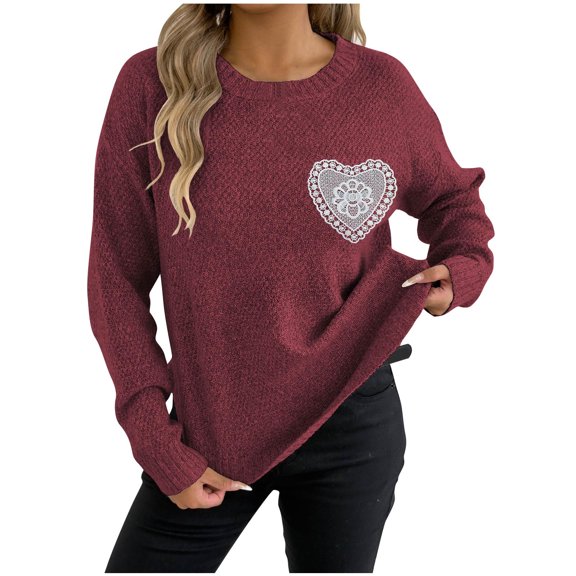 UAMVSH Sweaters for Women Casual Lace Trim Crewneck Knit Tops Cute Embroidered Long Sleeve Pullover Fall Fashion Clothes