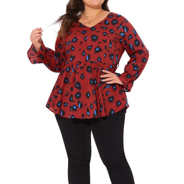 Blusa peplum de talla grande para mujer GRACE & GRANDEUR con estampado gráfico, con cinturón, de manga larga y escote en V, 3X roja