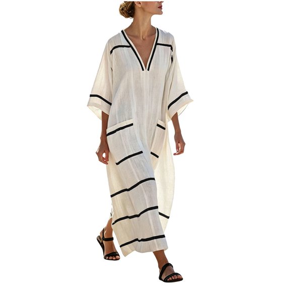 Lispipm Women Cotton Linen Dress Side Pockets Summer Oversized Half Sleeve V Neck Dresses Ladies Color Blocking Vacation Clothes