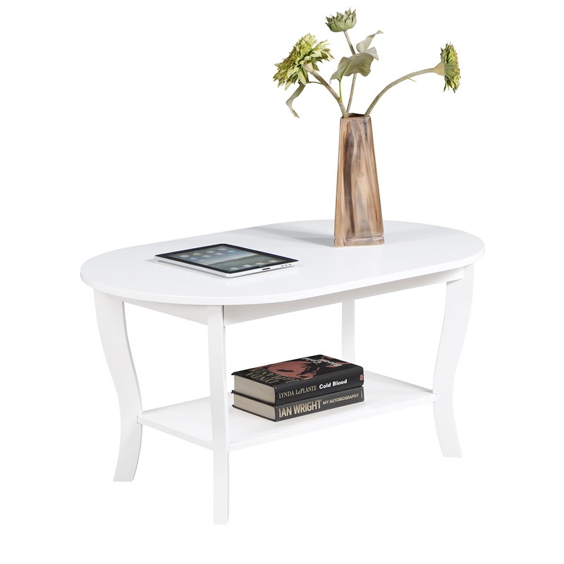 American Heritage Oval Coffee Table with Shelf in White Wood Finish 