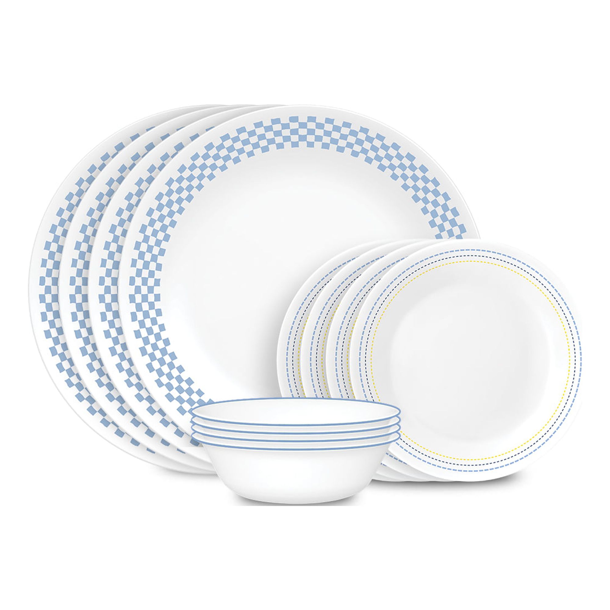 Corelle Amelia 12-Piece Glass Dinnerware Set, Blue Gingham