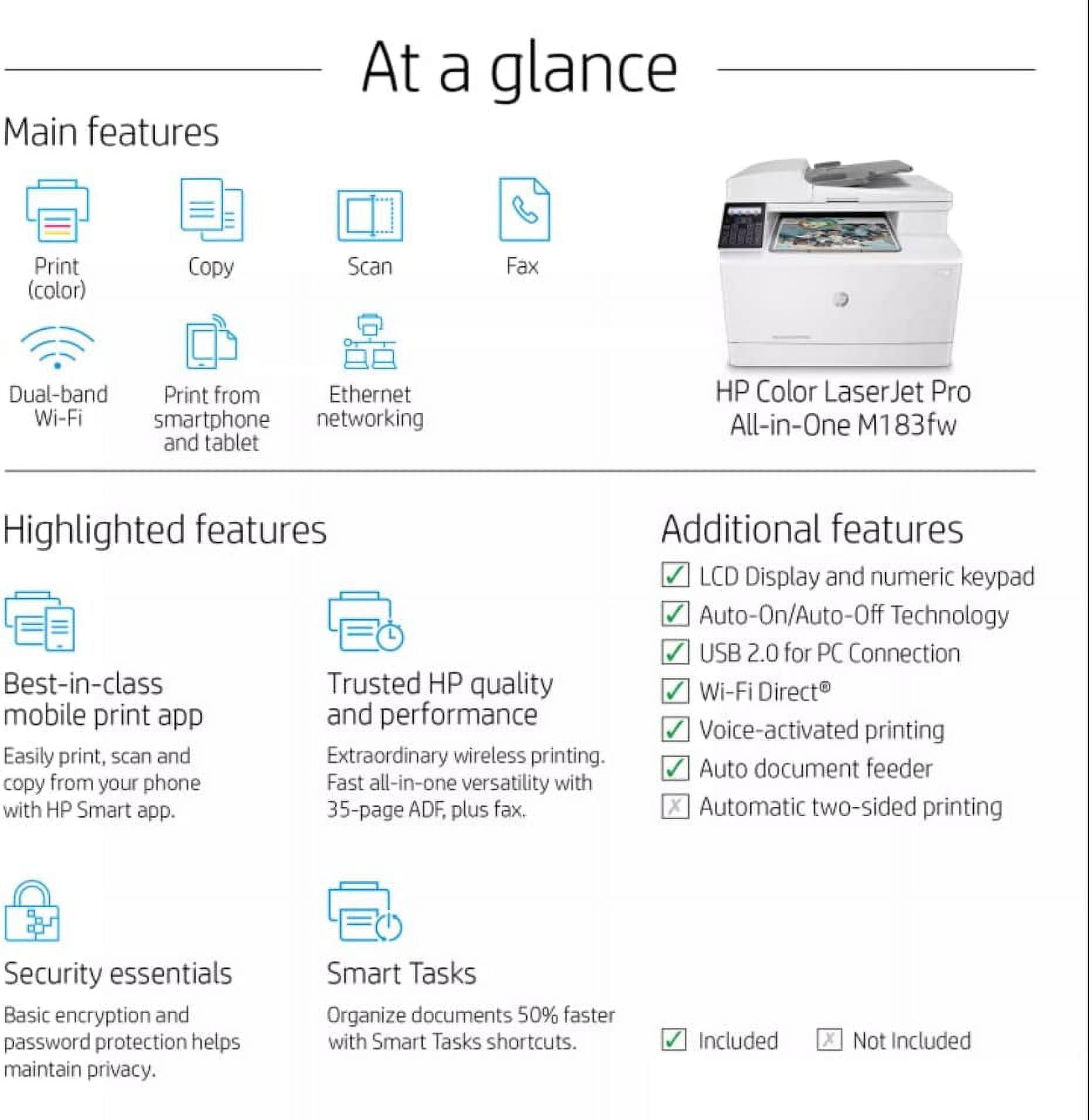 HP Laserjet Pro MFP M183FW All-in-One Wireless Color Laser Printer, Print -  Copy - Scan - Fax, 16ppm, 600x600 dpi, Mobile Printing, 2-line Display,  Auto-On/Off Technology, with DE Printer Cable 