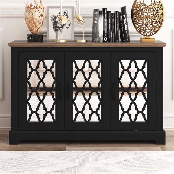 STYLIVIA Heron 3 Door Wide Sideboard, Black & Knotty Oak
