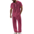 thumbnail image 2 of Sets for Men Clothing 2 Piece Solid Color Cotton-Linen Look Short Sleeve Hooded Shirt and Drawstring Waist Pocket Pants, Resort Style Outfit Wine XXL, 2 of 5