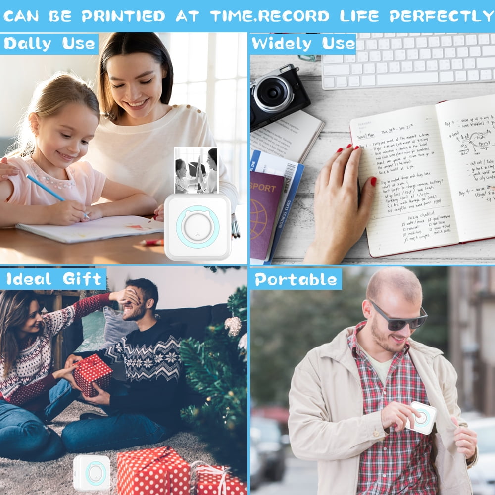 Romanda Portable Photo Printer, Pocket Wireless Bluetooth Thermal Mini Printer with 10 Rolls Printing Paper for Android iOS Smartphone BT Inkless Printing for DIY Journal, Photos, Notes, Gifts - Blue
