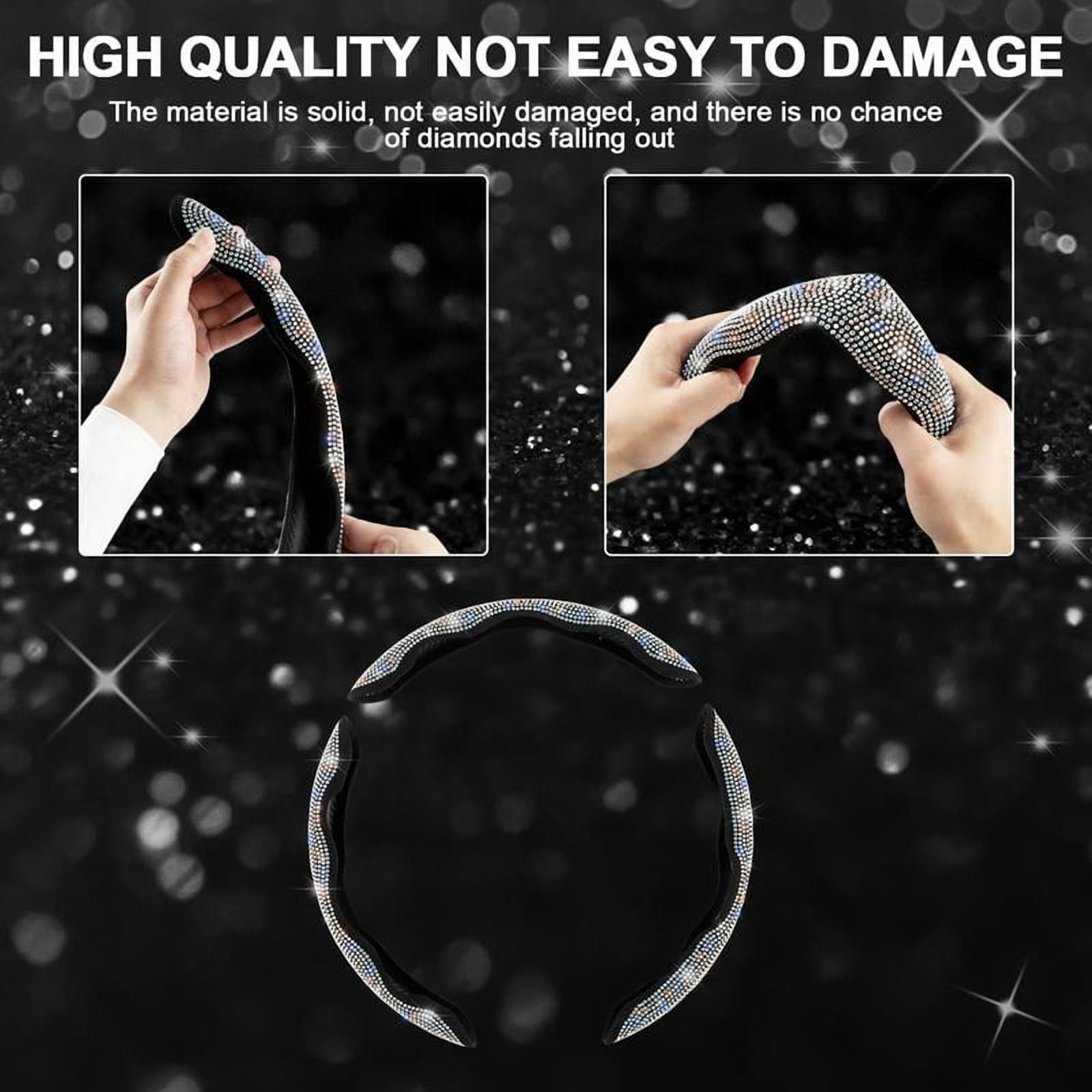 Diamond-studded car steering wheel cover, inlaid with crystal rhinestones, 3-piece set of segmented steering wheel protectors, universal design, suitable for 99% of car models, especially suitable fo