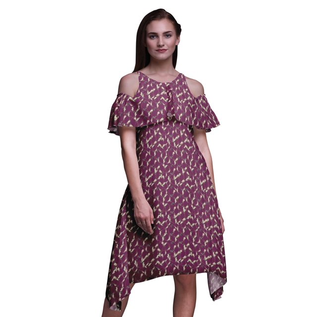 Bimba Pink Floral Printed Womens Ruffle Front Cold Shoulder Swing Shift Dress - X-Small