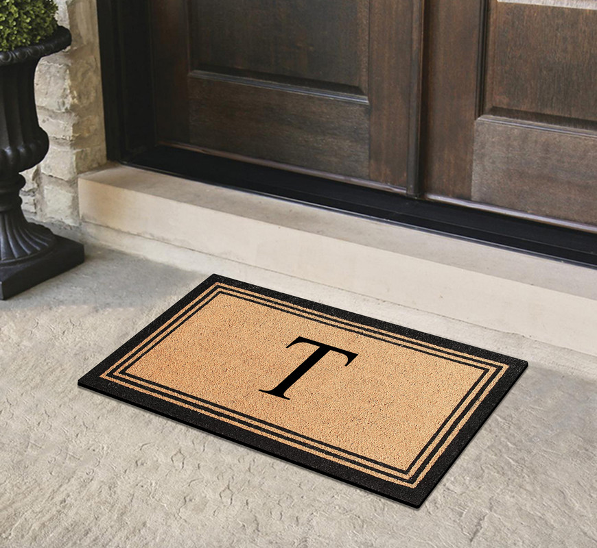 A1HC Black/Beige 24 in x 39 in Front Door Mat Coir PVC Classic Border Entryway Mat Heavy Duty Boot Scrapper Monogrammed Doormat