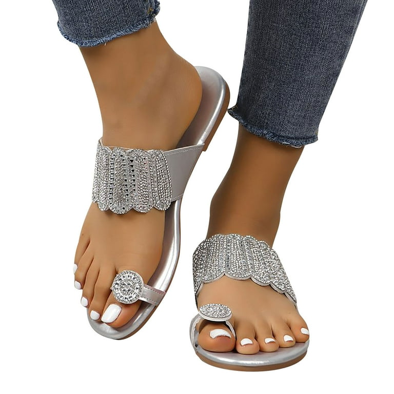 Leesechin Women's Flat Sandals, Fashion Sparkly Slides, Open Toe