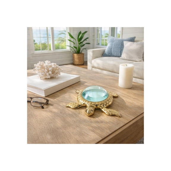 Turtle Magnifying Glass for Home and Living Room Decor - Sculpture for Office Shelf and Bathroom Accent - Coastal Metal and Glass Decorative Ornament for Coffee Table Styling - 3", Gold & Metallic
