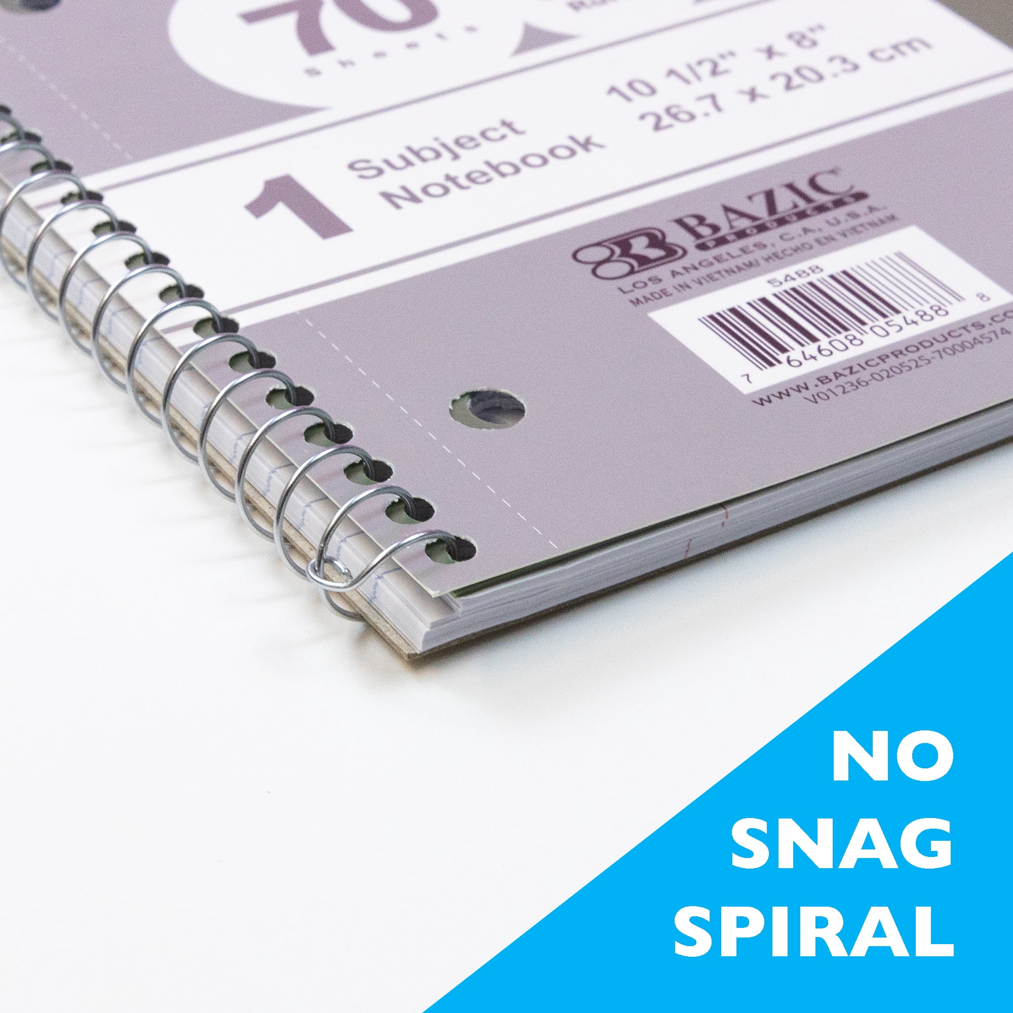 BAZIC Spiral Notebook, 1 Subject, College Ruled Paper 8" x 10-1/2", 70 Sheets Poly Cover, Assorted Color, 6-Pack
