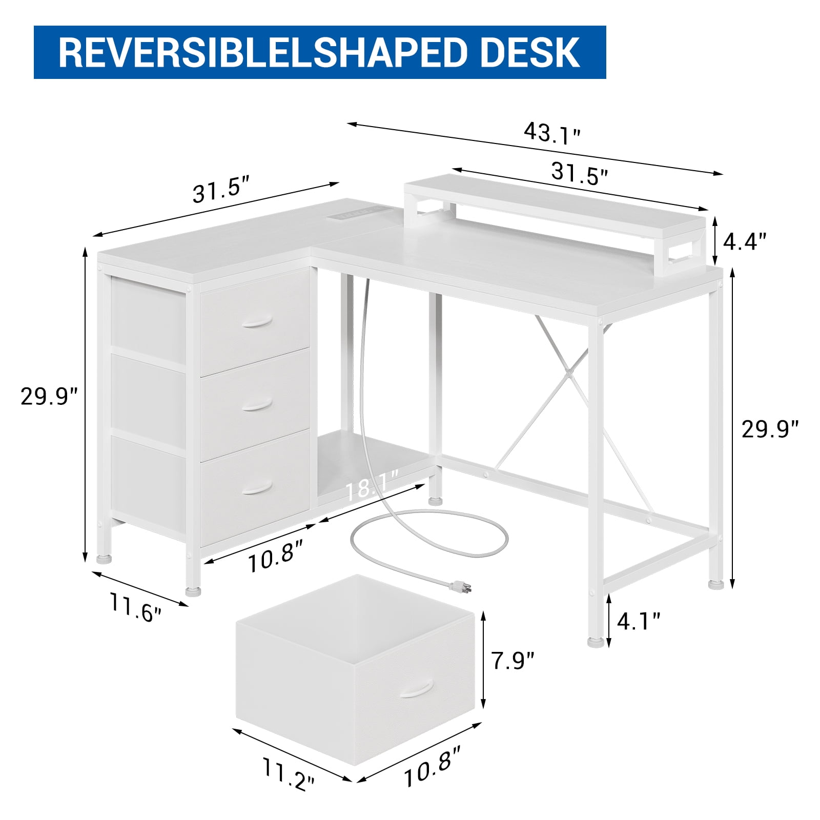43 Inch Computer Desk With Drawers, L Shaped Desk with Power Outlets and Led Lights, Gaming Desk with Shelves and Monitor Stand