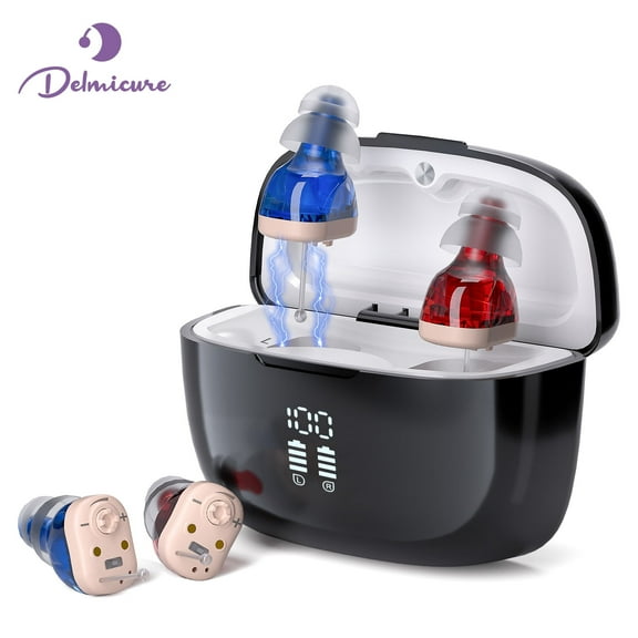 Delmicure Hearing Aids for Seniors, Rechargeable Hearing Device for Hearing Loss, Noise Cancelling, Volume Adjustment, with Charging Case, VHP-1631